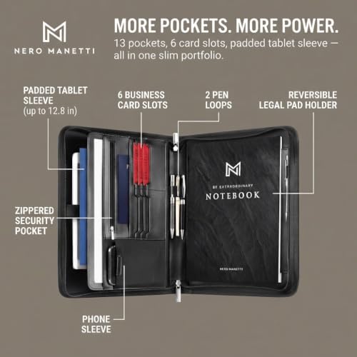 Image of NERO MANETTI- Zippered Vegan Leather Padfolio /Portfolio Pad Holder-Business PU Leather Notepad Folder for Resumes, Interviews, iPad /Tablet, Phone, Legal Pad Notebook Executive Binder for Women, Men