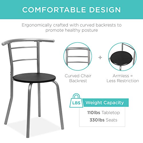 Best Choice Products 3-Piece Wooden Round Table & Chair Set For Kitchen, Dining Room, Compact Space W/Steel Frame, Built-In Wine Rack - Black/Silver #TOP3