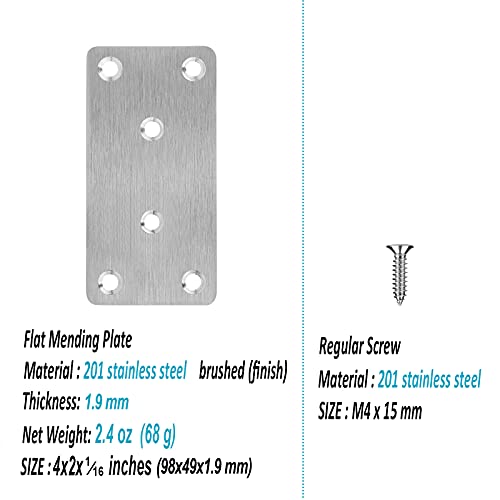 10 Pack Flat Mending Plate 201 Stainless Steel Straight Steel Brace, 4 X 2 Inches Metal Mending Joining Plates Repair Fixing Bracket Connector, 201 Stainless Steel Screw Included, 1.9 Mm Thickness #TOP1
