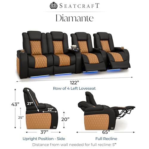 Image of Seatcraft Diamante Black /Tan Oak Italian Leather Home Theater Seating, Zero Gravity Power Recliner, Gaming and Home Office Chair, Powered Headrest Furniture for Cinema Room, Row of 4 Left Loveseats
