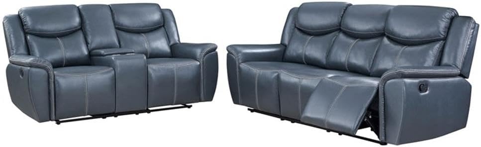 Pemberly Row 2-Piece Faux Leather Reclining Sofa Set, Manual Motion Sofa and Loveseat, Blue Upholstered Finish, USB Table, Cup Holders, Wall Hugger Design, Pocket Coil Spring Seats, Living Room