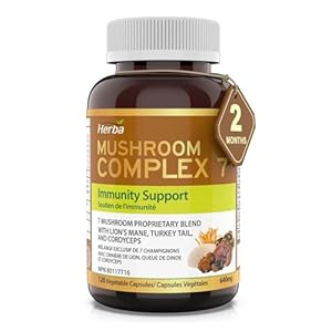 Herba Mushroom Complex with Lions Mane Supplement – 7 Mushroom Blend with Reishi, Chaga, Cordyceps, Turkey Tail, Maitake, Shiitake, and Lion’s Mane | Immune Support Supplement | 120 Vegetable Capsules | Made in Canada