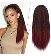 PEACOCO Drawstring Ponytail for Black Women Long Yaki Straight Ponytail Hair Extension 16 Inch Th...