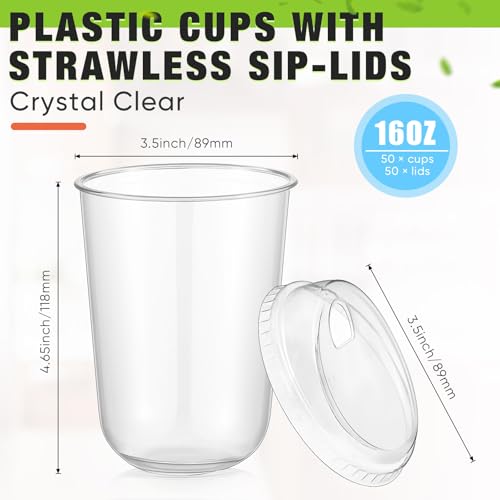 Ziliny 50 Sets Clear Plastic Coffee Cups with Sip Lids, Disposable Plastic PET Crystal Cups for Iced Coffee, Smoothie, Cold Beverage, Drink Shops and Party Catering(Clear,16 oz)