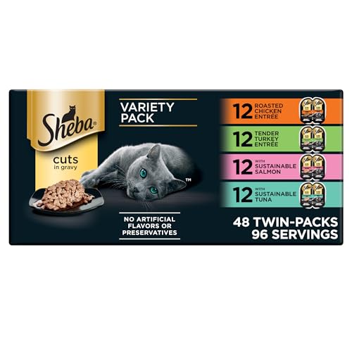 Sheba Perfect Portions Wet Cat Food Cuts in Gravy Roasted Chicken Entree Tender Turkey Entree with Sustainable Salmon and with Sustainable Tuna 2.6 oz. Twin-Pack Trays (48 Count 96 Servings)