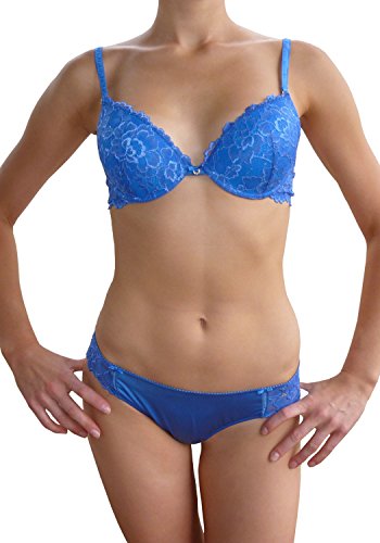 Lormar Lace Push-up Gel Cup Bra and Braziliana Set, Blue Gentian, 36B/L