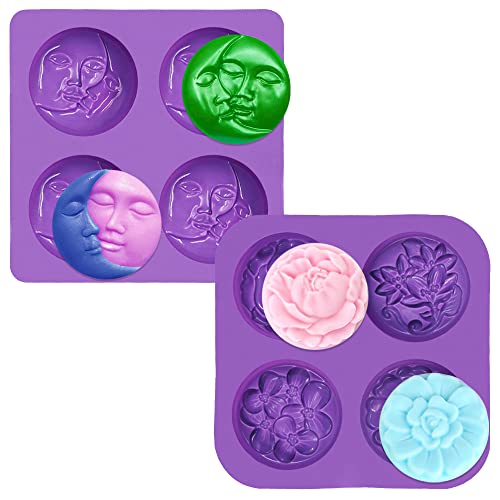 SENHAI - 2 moldes de silicona para jabón, 4 cavidades de sol y luna y 4 formas de flores de cavidad, para hacer jabón, barra de loción casera, pastel, pudín de chocolate