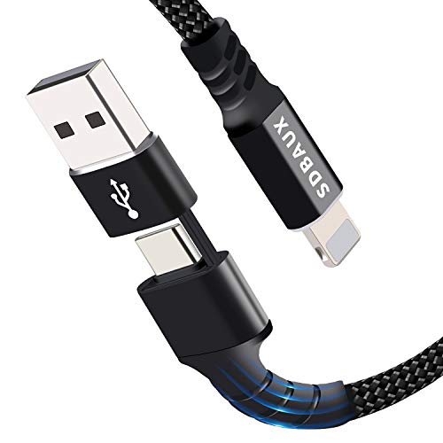 SDBAUX 2-in-1 USB A en USB C naar oplaadkabel, 3,1 A/2 m, nylon, gevlochten PD-snellaadkabel en USB-A-synchronisatiekabel, compatibel met iPhone 11/11 Pro/11 Pro Max/X/XS/XR/XS Max/8/8 Plus/iPlus/iPad