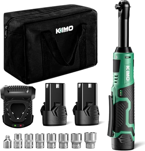 Image of KIMO Extended Cordless Ratchet Wrench 3 /8 inch Set, 400RPM 40Ft-Lbs 4-Inch Long Neck Electric Ratchet Wrench w /Variable Speed, 7 Sockets & 1 /4 inch Adapter, 12V Power Ratchet Wrenches w / 2x2.0 Ah Batteries