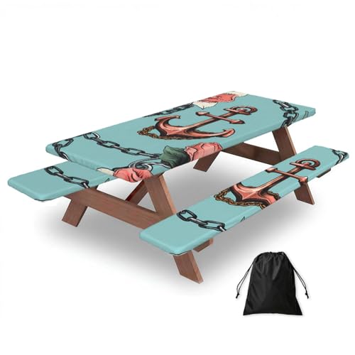 Anchor Floral - Juego de 3 fundas para mesa de camping con protectores de banco, océano náutico, mar, elástico, impermeable, rectangular, para comedor al aire libre, con bolsa de almacenamiento
