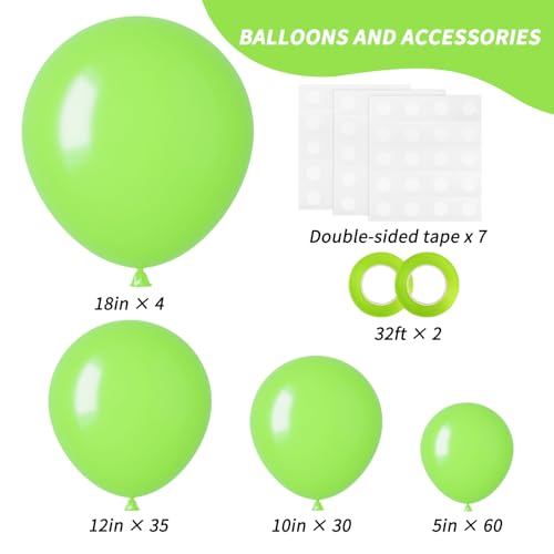 Image of RUBFAC Lime Green Balloons 129pcs Light Fruit Neon Green Latex Balloon 18 12 10 5 Inch Garland Arch Kit for Soccer Sports Party Match Game Day Night Birthday Dinosaur Jungle Baby Shower Decoration