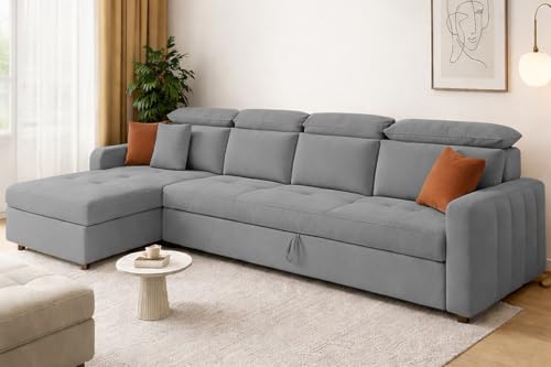 Image of Casaliving Gagnon LHS 6 Seater L Shape Corner Sofa Cum Bed for Living Room (Grey Fabric) Premium Fabric Sofa