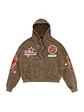 Verdusa Men's Washed Graphic Hoodies Grunge Vintage Lightweight Hip Hop Zip Up Sweatshirt Coffee Brown Medium