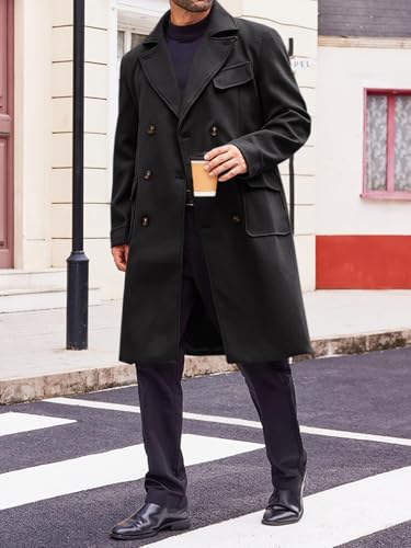 Runcati Mens Trench Coat Notch Lapel Double Breasted Peacoat Wool Blend Casual Long Overcoat4