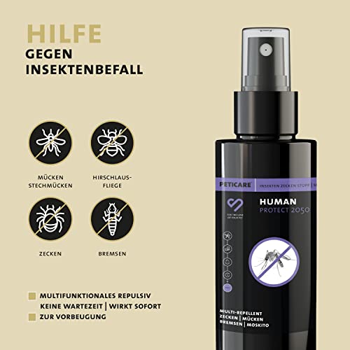 Peticare Anti-Insekten Spray | gegen Stechmücken Bremsen Mücken Moskitos und weitere | auch für Kinder | sofortige Wirkung | einzigartiges PRS® System für Lange Wirkung – Human Protect 2050