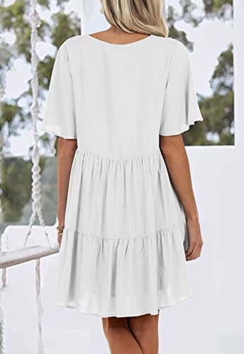 Rilista Women's Summer Casual Dress Sweet & Cute Button V-Neck Mini Dress With Pocket Short Sleevele Ruffle Dress White #TOP3