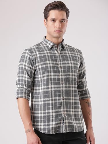 Image of TURMS Men's Casual Checks Shirts, Odor Control, Moisture Wicking, Button Down Collar, Cool Tech Cotton Fabric, Tailored Fit, Full Sleeve