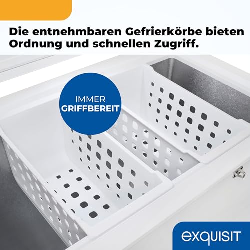 Exquisit Gefriertruhe, Kühlfunktion, 2-in-1, 198 Liter, Türschloss, 4-Sterne-Gefrieren, Schnellgefrieren, 2 Rollen, GT201-HE-040E weiss