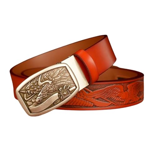 Men's Cowhide Leather Ratchet Belt - 35mm Wide Eagle Pattern Waistband With Adjustable Silver Slide Buckle2