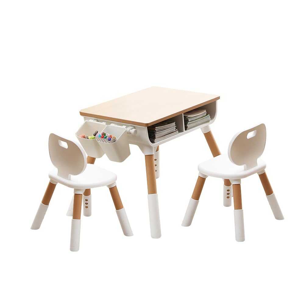 DEONG Kids Table and Chairs, Adjustable Height, Built-in Storage, Modern Design for Kids Arts & Crafts, Snacks, Homework & Play