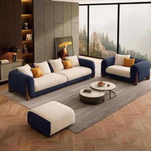 Image of Upholstered 3 Seater Sofa Three Seater Sofa with Wooden Legs for Living Room Hotels & Offices (Blue Off White 3+1+Ottoman)
