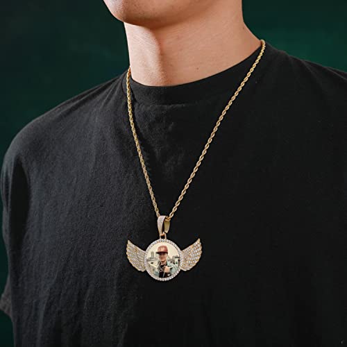 Yimeraire Photo Necklace Personalized For Women Men Angel Wing Round Shaped Stainless Steel 18K Gold Plated Custom Picture Pendant Chain Memorial Hip Hop Necklace Keepsake With Gift Box #TOP7