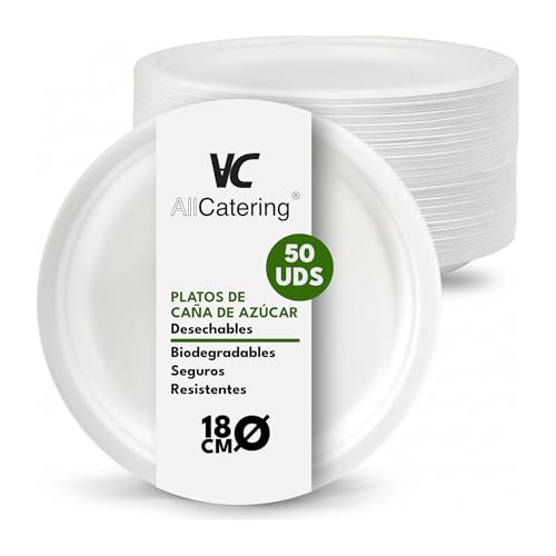 AC ALL CATERING 100 Platos Desechables de Caña de azúcar Redondos de 18 cm. Ecológicos, Biodegradables y Resistentes para Picnics, Barbacoas, Fiestas y Cumpleaños. 100 Platos