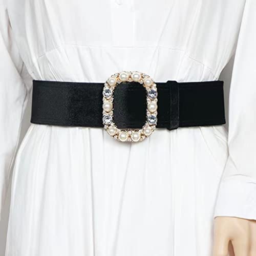 Women Vintage Velvet 2In Wide Waist Belts For Dress Shirt Rhinestone Pearl Circle Buckle Leather Waistband Cinch Belt2