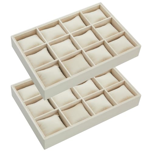 Henoyso 2 Pieces 12 Grid Velvet Watch Tray Jewelry Organizer Stackable Watch Bracelet Bangle Display Holder Adjustable Pillow(Beige)