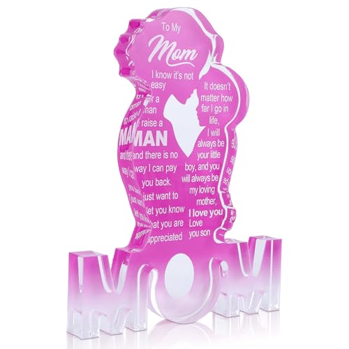 Hugestar Mom Gifts from Son, Birthday Presents for Mother from Son, Unique I Love You Mama Plaque, New Mom Desk Decor, First Time Mom Acrylic Sign