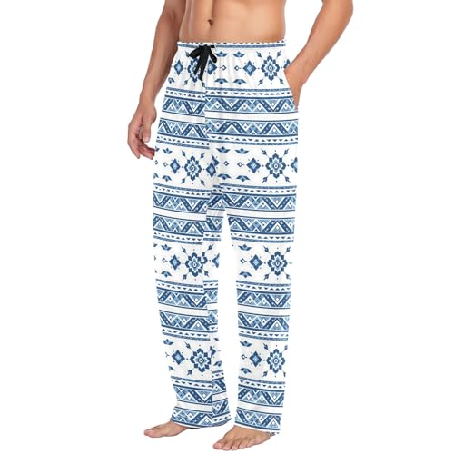 Mens Cotton Pajama Pants Sleep Lounge Pj Bottoms Sleepwear with Pockets Drawstring S White and Blue Aztec4