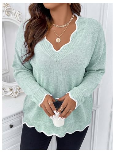 Image of MakeMeChic Women's Plus Size Long Sleeve Sweaters Scalloped V Neck Knit Cozy Sweater Pullover Blue 2XL