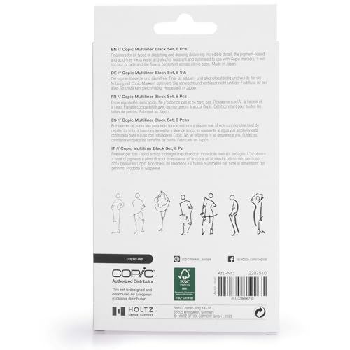 COPIC Multiliner Set, Black, 8 Fineliner in verschiedenen Strichstärken, Zeichen Stifte mit einer feinen Spitze und wasserbeständiger Pigmenttinte