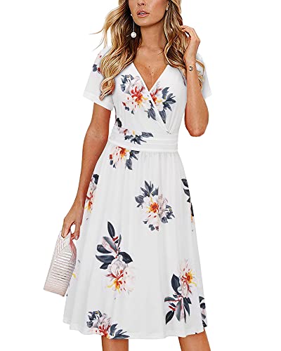 OUGES Women's Summer Short Sleeve V-Neck Floral Short Party Dress with Pockets
