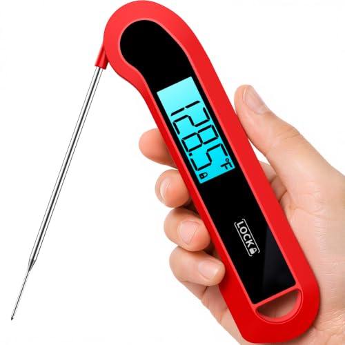 0.3 Sec Instant Read Thermometer for Cooking, IP67 Waterproof, Auto-Rotating Backlit Display, Red