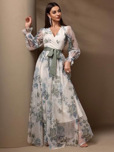 Image of TOLEEN Summer Casual Dresses for Women 2024 Spring Fashion Boho V Neck Long Sleeve Ruffle Floral Print Elegant Maxi Dress