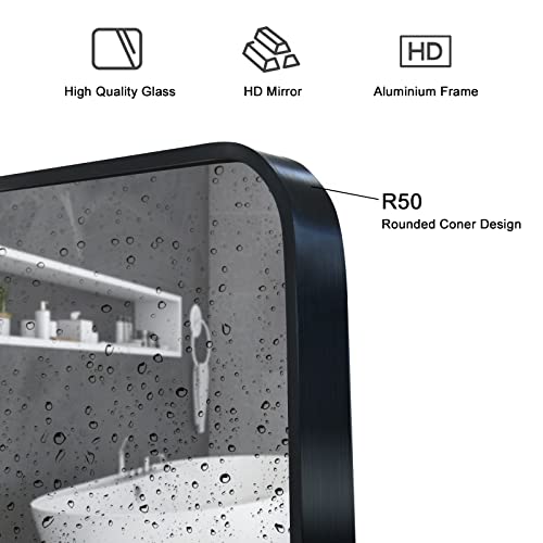 Rozycher Black Btahroom Mirror 20X30 Inch, Rectangle Mirror For Wall, Decorative Black Wall Mirror For Bathroom, Bedroom, Living Room, Rounded Corner Wall Mirror Hangs Horizontal Or Vertical #TOP3
