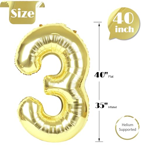 Image of Light Gold Number 3 Balloon 40 Inch, 3rd Birthday Celebration Supplies Women Men, 3 Balloon for Theme Party