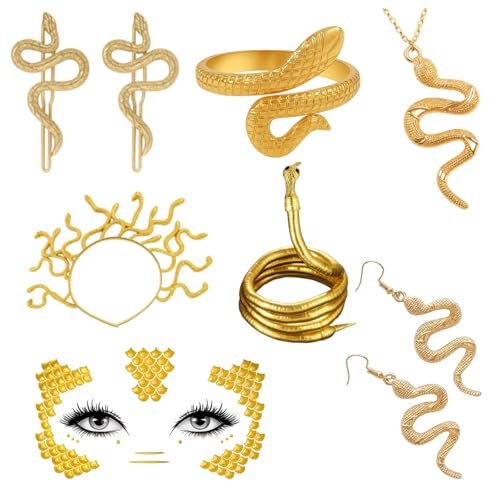 Qnvyw Medusa Kopfschmuck, Medusa Kostüm Damen 7-teiliges Set mit Schlangen Haarschmuck, Halskette, Ohrringen, Ring und Gesichtstatoo, Griechische Göttin Kostüm Accessoires für Halloween und Karneval