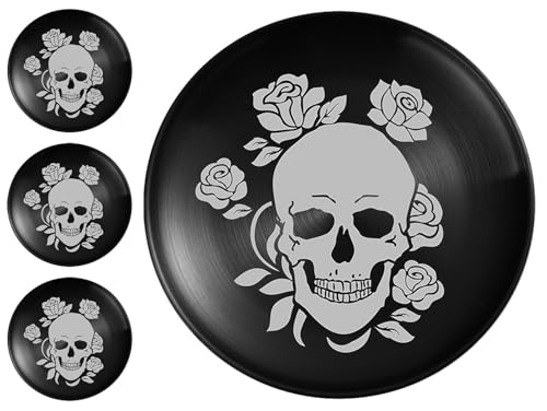 XIAOYU 4 Pack Halloween Skeleton Stainless Steel Dinner Plates, Skull Gothic Round Metal Plates, Unique Skull/Flower Pattern Design, Metal Dinner Dishes for Dinner, Party, Camping, Dishwasher Safe