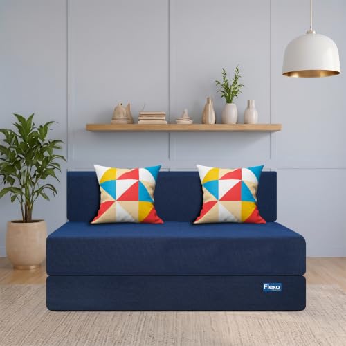 Image of Starlon 3 Seater Foldable Sofa Cum Bed 3-in-1 with 2 Geometrical Pattern Pillows, Washable Jute Fabric Cover, Space Saving Guest Bed, Pre-Assembled Royal Navy Blue 5x6 Ft
