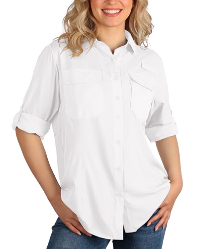 33,000ft Hemdbluse Damen UPF50 UV Schutz Hemd Schnelltrocknende Button-Down Shirts Atmungsaktive Wanderhemd Safari Kleidung für Freizeit Angeln Reisen Weiß M