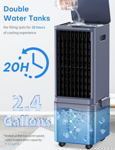 COOLECH Ar condicionado sem janelas com 4 modos e 3 velocidades, alerta sem água, tanque de 2,4 galões para resfriamento de 20H, temporizador de 12H, controle remoto de 20 m, refrigerador de ar