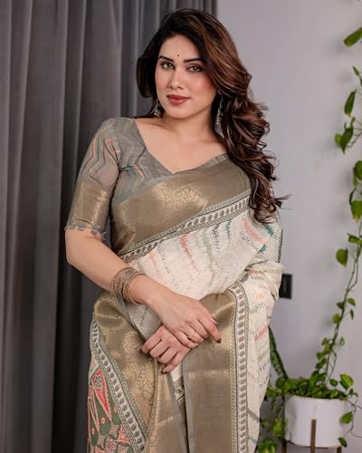 Image of ALMAARI FASHION Handloom Cotton Linen Saree for Women with Floral Printed Design and Tassel Pallu, Traditional Ethnic Lightweight Saree for Daily Office Festive with Blouse Piece