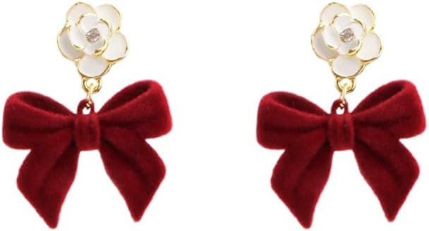 Red Bows Earrings for Women Christmas Pearl Bow Earrings Red Bow Earring Pearl Bowknot Drop Earring Xmas Holiday Christmas Jewelry