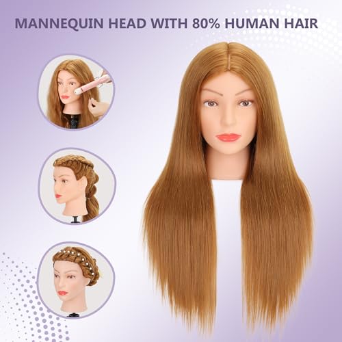mannequin head human hair 80 real hair cosmetology mannequin head for braiding styling cutting 26-28 doll head with clamp tools blonde