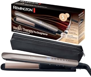 Remington prostownica do włosów, ceramiczna z keratyną, czujnik wykrywa poziom nawilżenia i dostosowuje temperaturę, zakres temp. 160-230°C, ruchome płytki, etui, brązowa, Keratin Therapy S8593