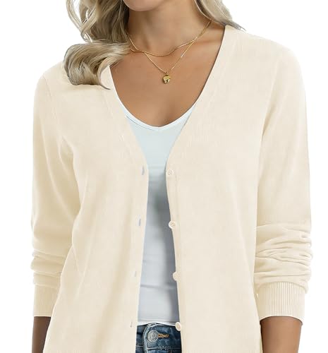Image of QUALFORT Women's 100% Cotton Lightweight Cardigans Long Sleeve Knitted Button Down Sweater