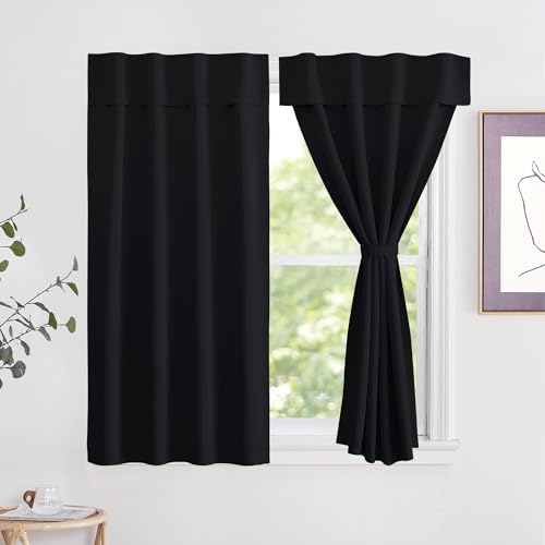 NICETOWN Black Blackout Curtains Noise Reducing, Self Adhesive Thermal Insulated and Privacy Temporary Window Cover for Guest Room Door Small Short Wi