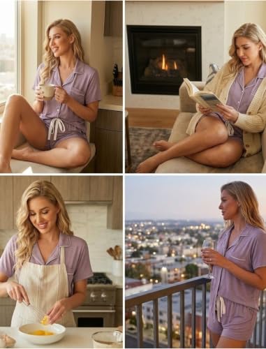 Image of Pjmlifecoco Women's Modal Pajama Set Short Sleeve Button Down Two Piece Soft Sleepwear with Shorts Loungewear S-XXL
